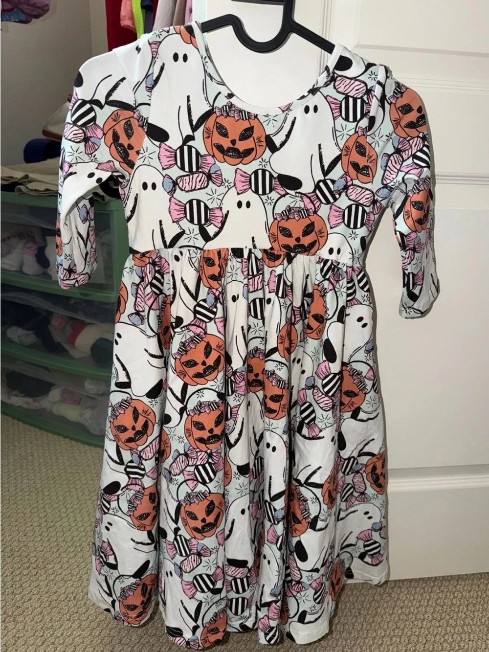 Girls' White Halloween Dress with Orange Pumpkins & Pink Candy